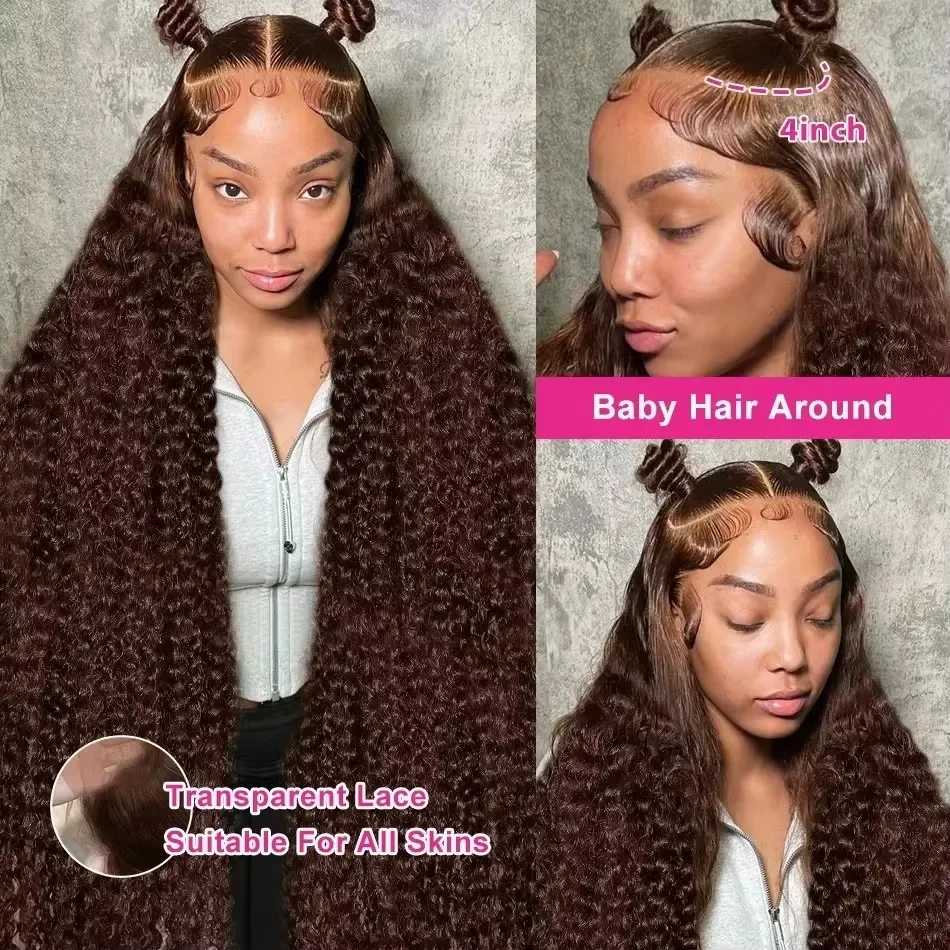 #4 Curly 36 38 inch Chocolate Brown 13x4 HD Lace Front Human Hair Wigs Pre Plucked Brazilian Deep Wave Glueless Lace Frontal Wig image 4