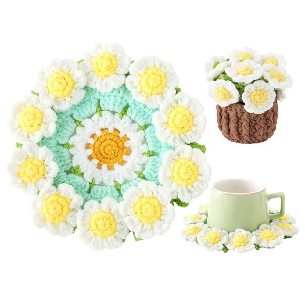 Handwoven Flower Bouquet Coasters Heat Resistant Flower Pot Rose Placemat Mini Cute Coffee Table Cupmat Office Decor