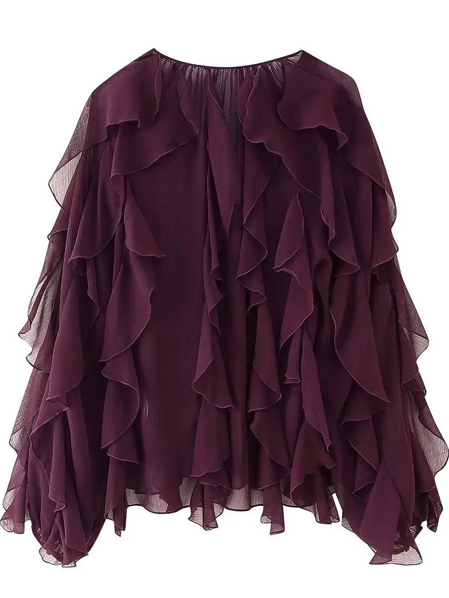 เสื้อเชิ้ตผู้หญิง Zar Sle แบบลำลอง ผ้าชีฟองบางเบา คอวี แต่งระบายหลายชั้น ดีไซน์เรียบง่าย เหมาะสำหรับใส่ไปทำงาน แฟชั่นแขนยาว