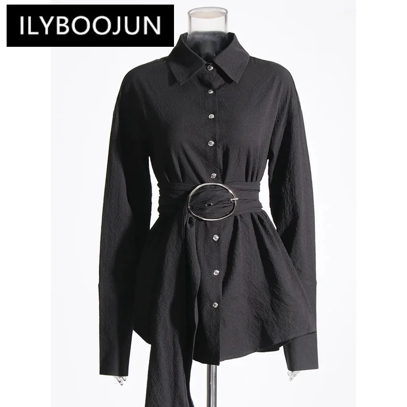 ILYBOOJUN Solid Patchwork Belt Blouse For Women Lapel Long Sleeve High Waist Spliced Single Breasted Casual Shirts Female New