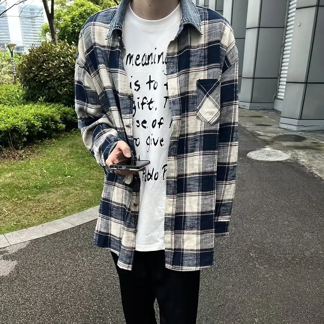 

Мужская свободная удлиненная рубашка на осень-зиму, большие размеры до 250 фунтов, в американском ретро-стиле, повседневная верхняя одежда, клетчатый узор