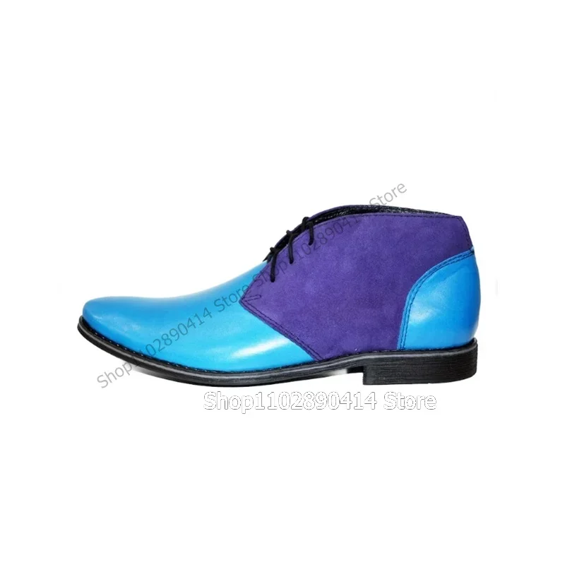 

Blue Purple Patchwork Sewing Strappy Ankle Boots Fashion Lace Up Men Boots Luxury Handmade Party Feast Banquet Men Dress Shoes