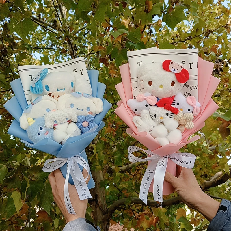 Valentine Hello Kitty Plush Bouquet Kuromi My Melody Cinnamoroll Plush Dolls Cartoon Stuffed Christmas Birthday Graduation Gift