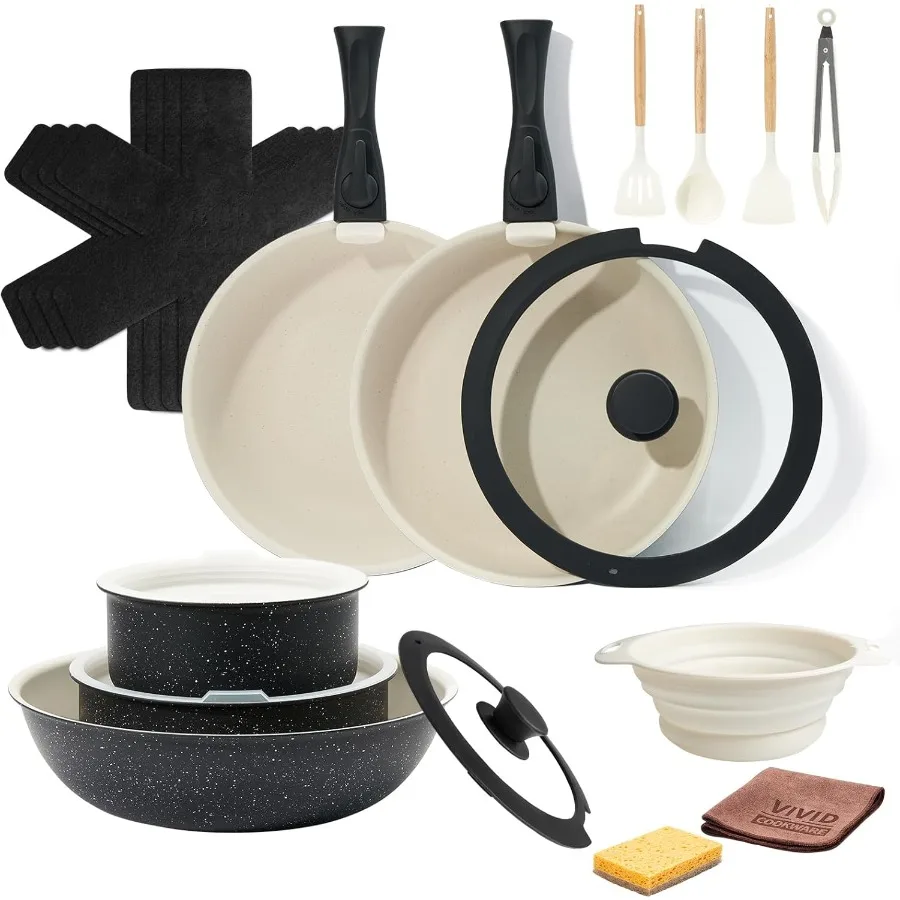 

22Pcs Nonstick Ceramic Cookware Set with Detachable Handles Oven and Induction Safe Pots and Pans NonToxic Kitchen Essentials f