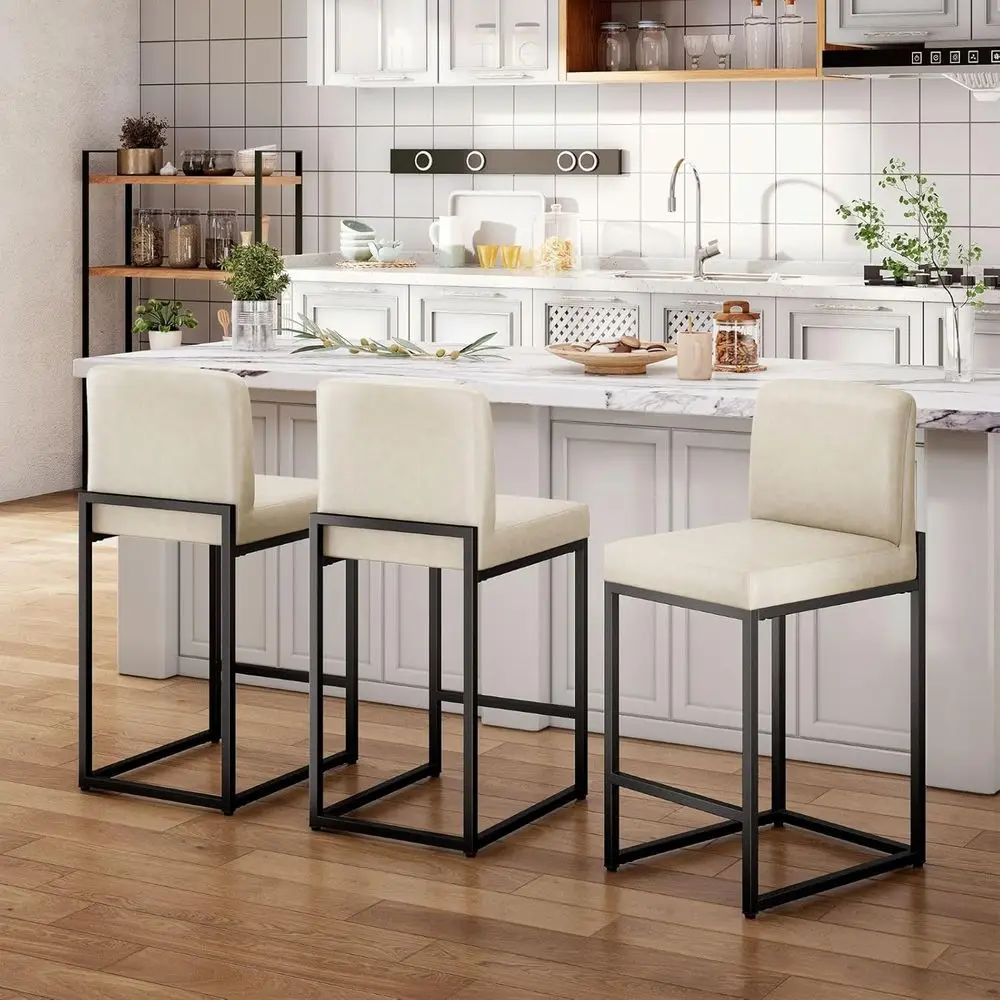 

Set of 3 Light Grey PU Leather Counter Height Bar Stools with Back, 24 Kitchen Island Chairs