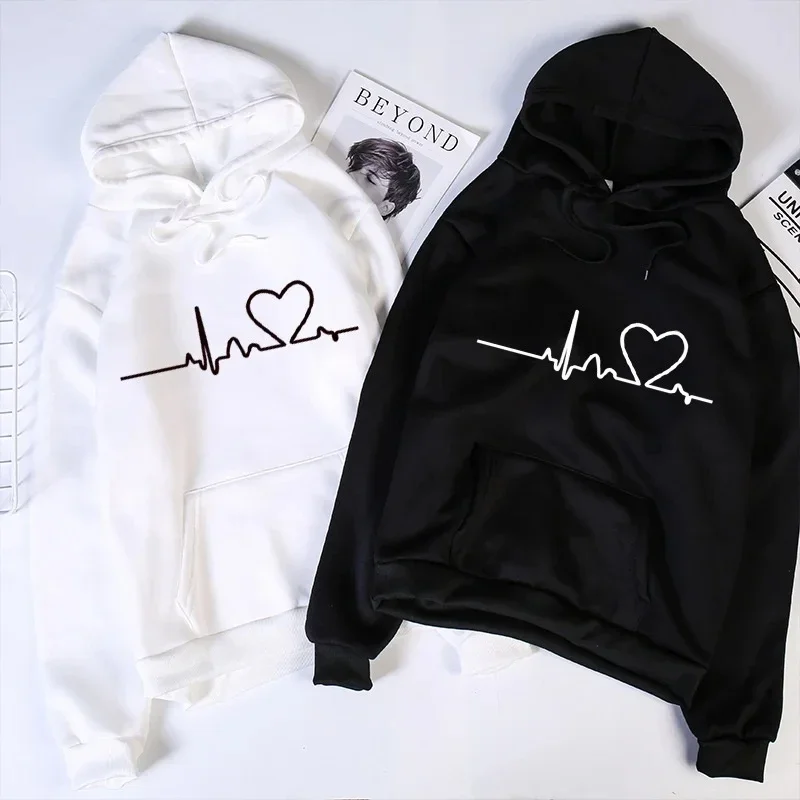 New Women's Casual Hoodie Autumn Winter Heartbeat Graphic Print Loose Hoodie Long Sleeve with Pocket Sweatshirt Women Streetwear