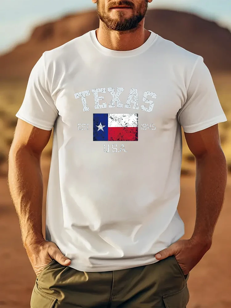 Vintage Texas Est 1845 Texas State Flag Map Texan Pride T-Shirt Short Sleeve Tees Loose T-shirt Man Tops New Men T shirt