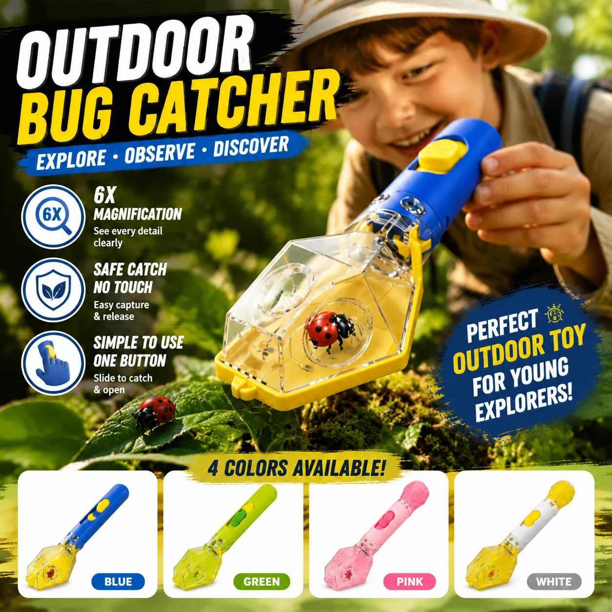 Jouet d'observation des insectes pour enfants, capture d'insectes sans contact, grossissement 6x, sûr, exploration de la nature, observation par un seul bouton