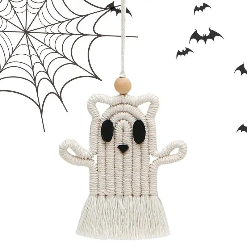 Cute Macrame Ghost Cat Wall Hanging Ornament Handwoven Tassel Pendant Halloween Home Window Door Decor Spooky Boho Party Decor