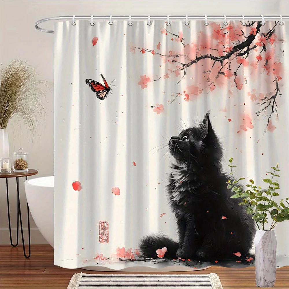Cute Cat Cherry Blossom Shower Curtain Waterproof Bathroom Decor Pet Floral Anime Style Home Accent Curtain 180x180cm Masterpiec