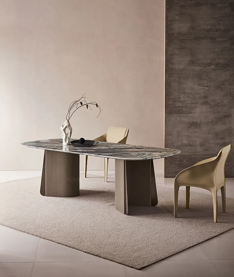 FG10Italian minimalist marble dining table premium saddle leather oval dining table