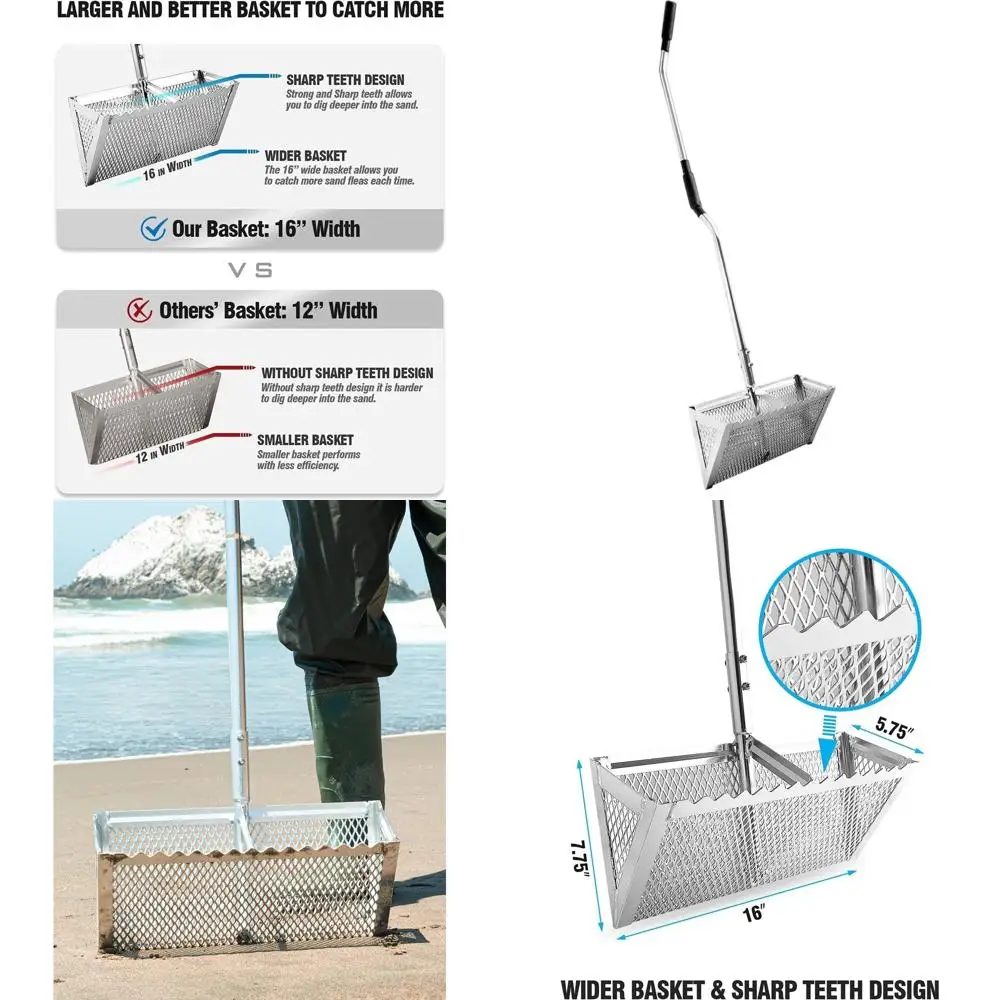 

16-Inch Wide Basket Sand Rake with 52-Inch Long Durable Handle, 3-Piece Set, Curved Grip Design