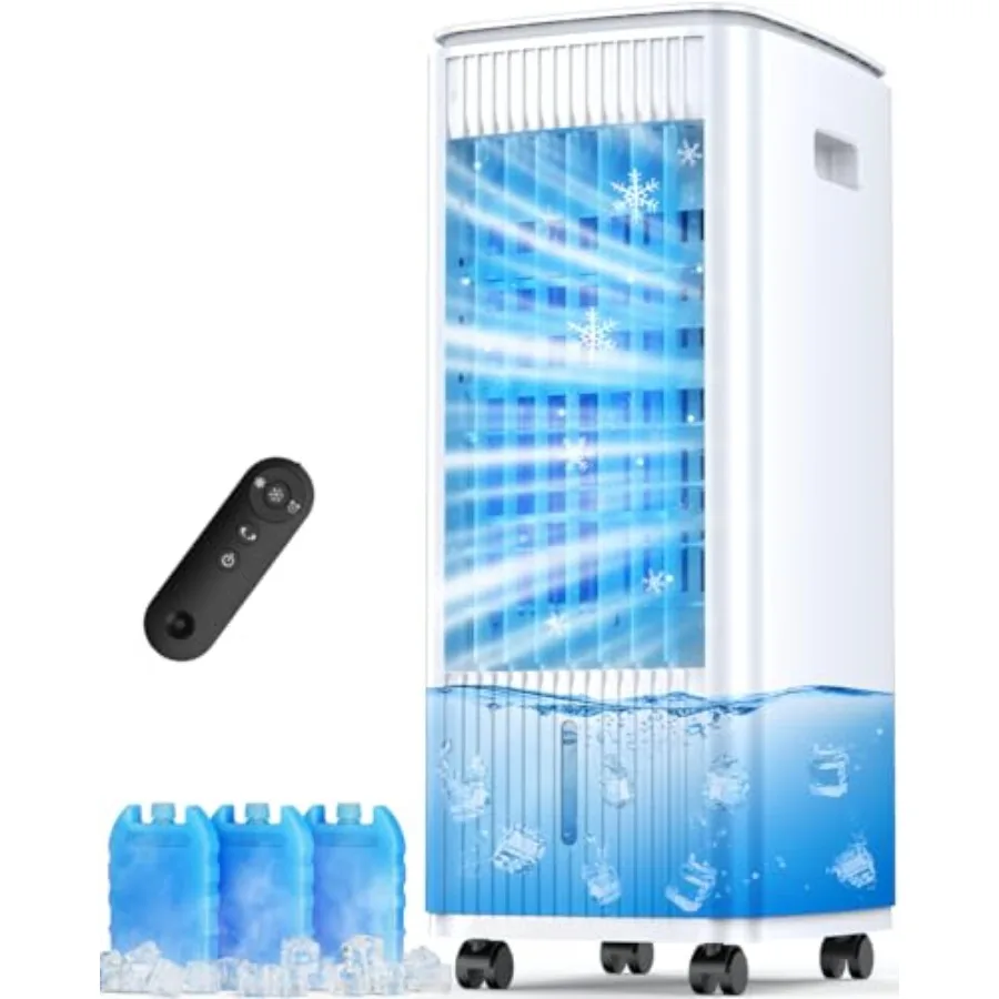 

Portable evaporative air cooler for bedroom use, plastic housing, white, 16-hour cooling with dual tanks, 120 oscillation, 3 mo
