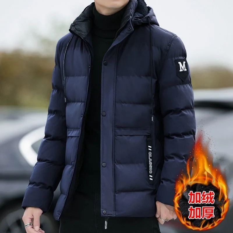2024 Winter New Fashion Plus Fleece Thick Warm Cotton-Padded Jacket Men\'s Casual Loose Large Size High Quality Hooded Coat M-5XL