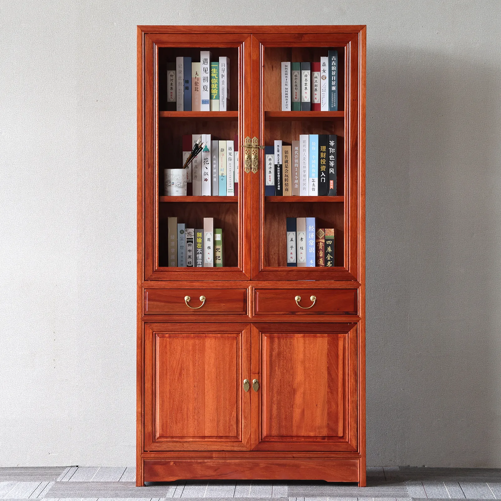 Golden Pear Wood Bookcase, Chinese Antique Style Storage Rack for Study, Elm Wood Office File Cabinet