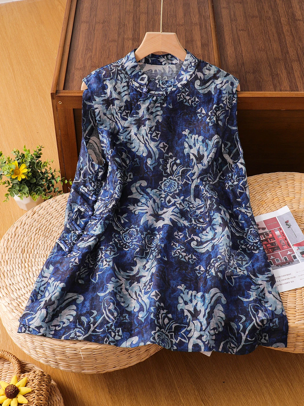 

Ретро-топ в китайском стиле с сине-белым фарфоровым цветочным принтом, свободного кроя, для женщин, летний