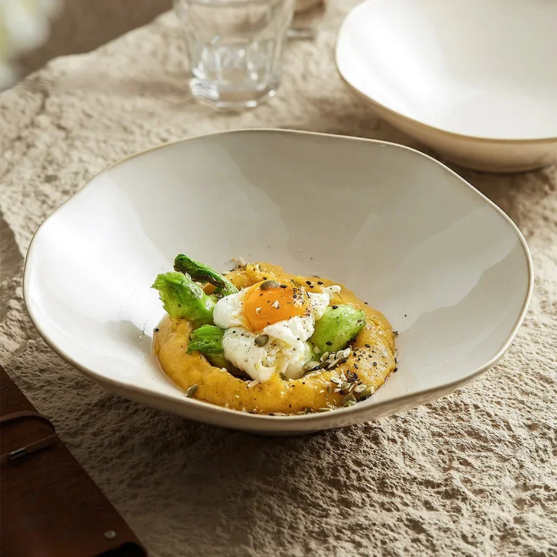 

Beige Flow Pattern Ceramic Noddle Household Soup Bowl Rain-Hat Shaped Ramen Bowl Good-looking