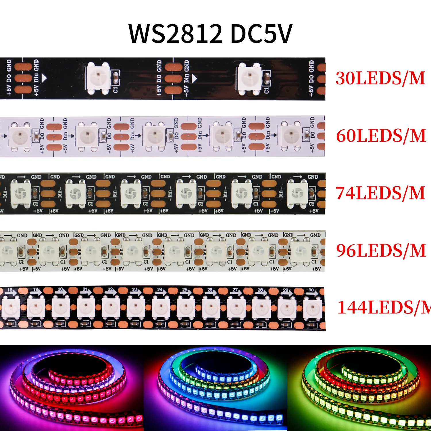 WS2812B WS2812 IC Individually Addressable Led light strip 30/60/74/96/144pixels/leds/m 5050 RGBIC Smart LED lighting lamp DC5V