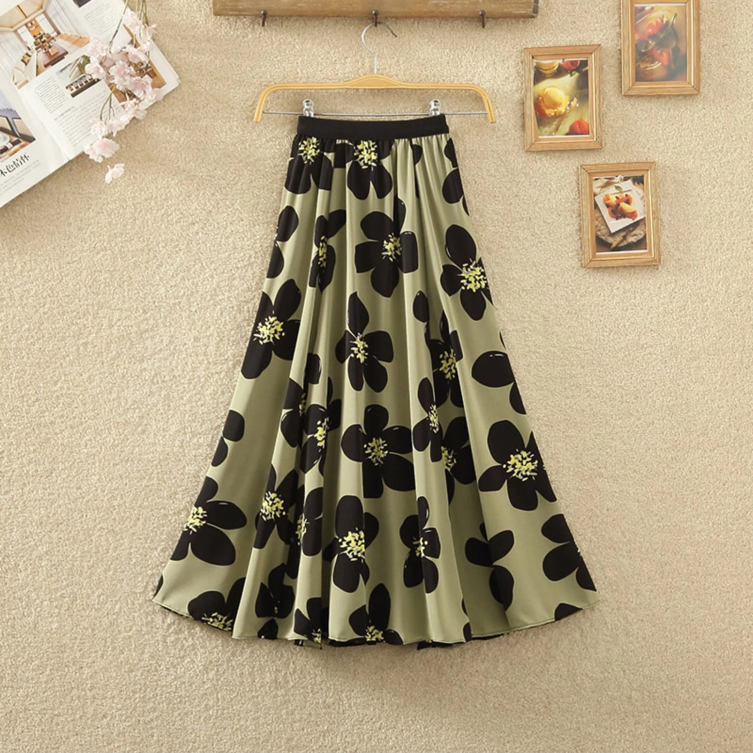 

2023 New Spring Summer Women High Waist Slim Long Skirt Korean Fashion Sweet Big Flowers Print Big Hem A-Line Skirt