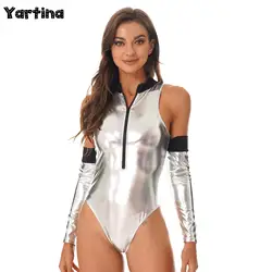 Womens Astronaut Cosplay Outfit Role Play Ballet Costume Shiny Patent Leather Bodysuit Zipper Mock Neck Catsuit with Oversleeve