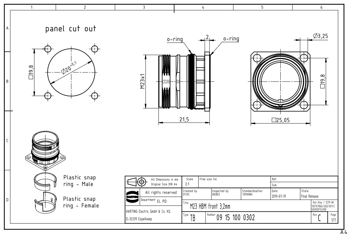 HARTING 09151000302 Han M23 Series Baffle Mount Without Back Cover Mounting Base
