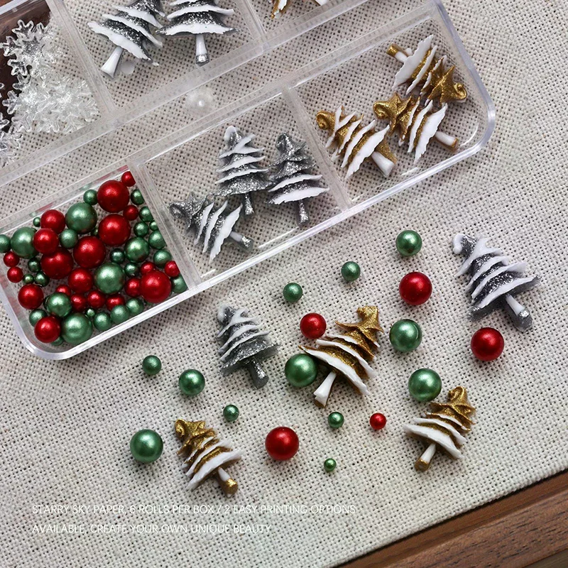 6 griglie/scatola Natale rosso/verde perline fiocco di neve strass per unghie dimensioni miste perline colorate ciondoli Nali gioielli per manicure natalizi