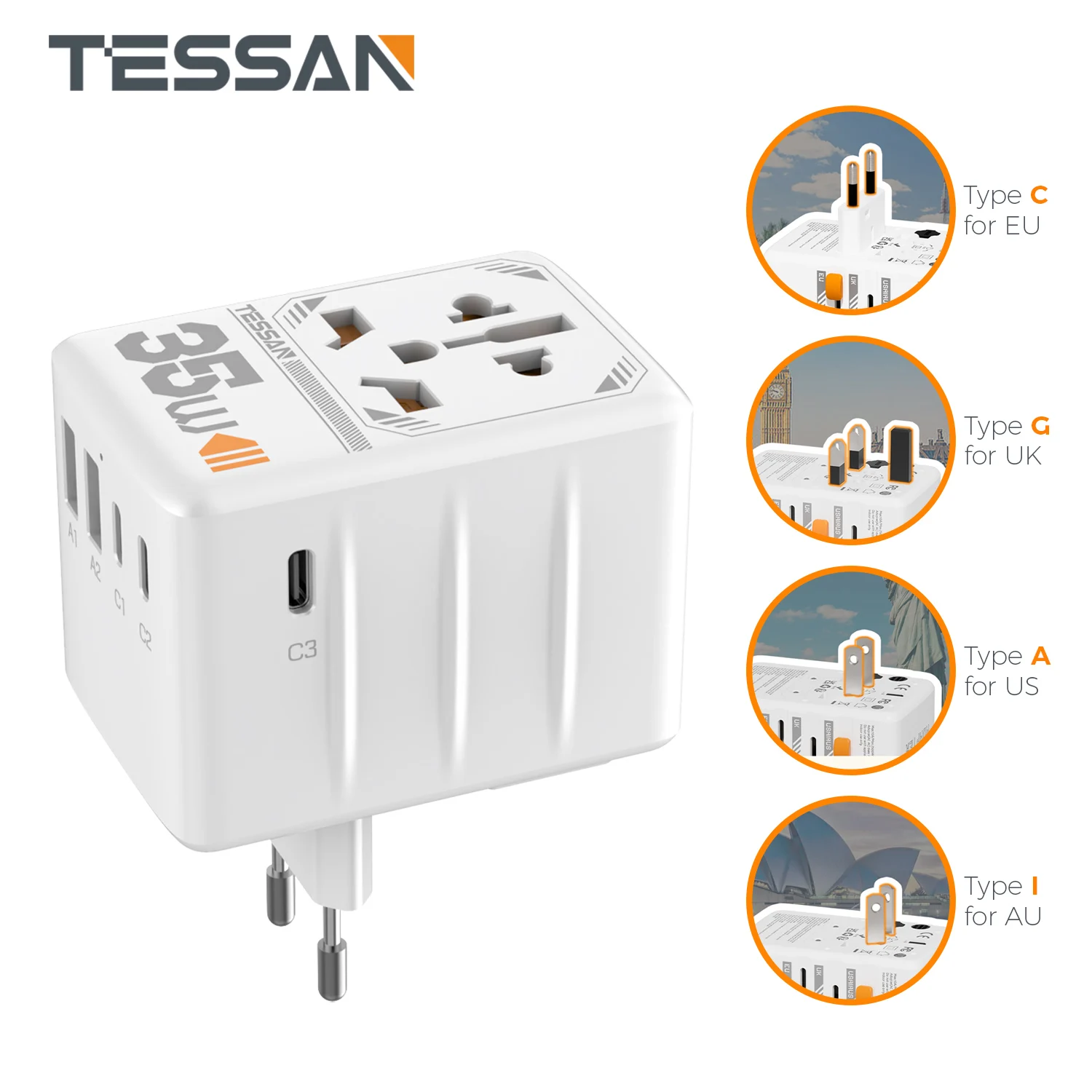 

TESSAN 35W Universal Travel Adapter Worldwide with USB &Type C, International Plug Power Adapter EU/UK/USA/AUS Plug for Travel