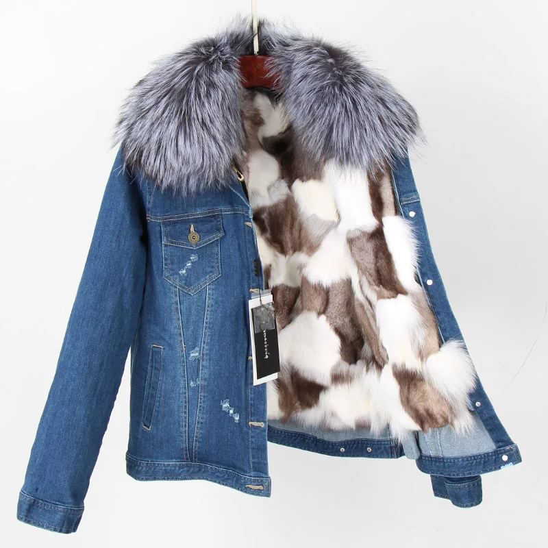 Natural raccoon fur collar denim fur jacket high quality fox lining thermal jacket fashion women's streetwear