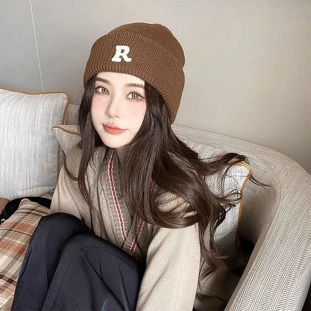 Fashion Letter Embroidery Fleece Warm Knitted Hat Woolen Yarn Soft Knitted Hat Winter Warm Crochet Hats Women Girls Maiden image 4