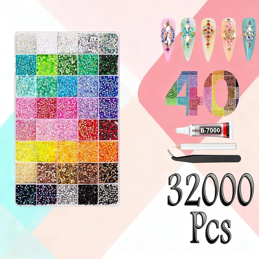 

40Grid 3/4/5mm 32000Pcs Mixed Color Jelly/Resin Drill Rhinestone Set for DIY Clothing, Nail, Phone, Glasses, Hat Decorations