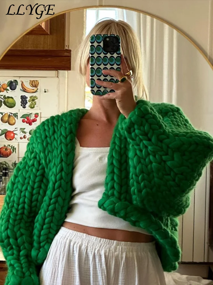 

Street Women's Crop Coarse Twist Cardigan Loose V-neck Long Lantern Sleeve Female Sweater 2024 Autumn Winter Lady Solid Knitwear