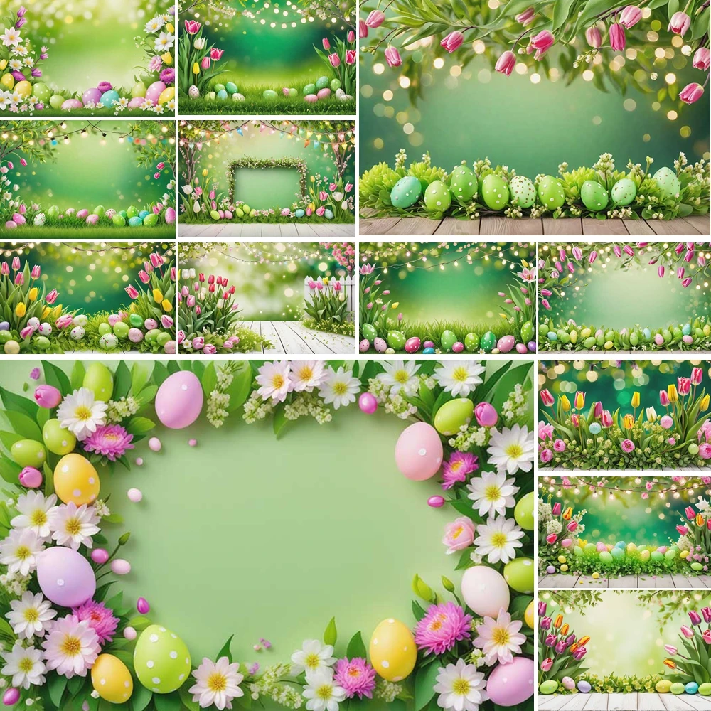 

MOON.QG Easter Backgrounds For Photographs Green Grass Colorful Eggs Tulip Backdrop Children Portrait Photoshoot Photocall Wall