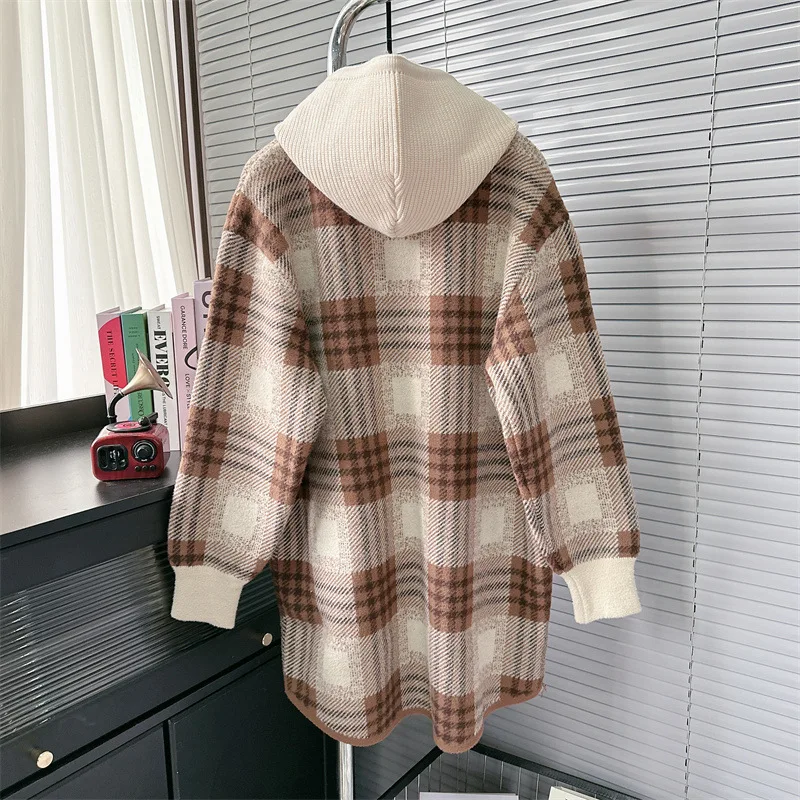 [ZOCI] 2024 Autumn And Winter Hooded Knitted Cardigan Women's Plaid Korean Casual Imitation Woolen Sweater Jacket Trend Fashion