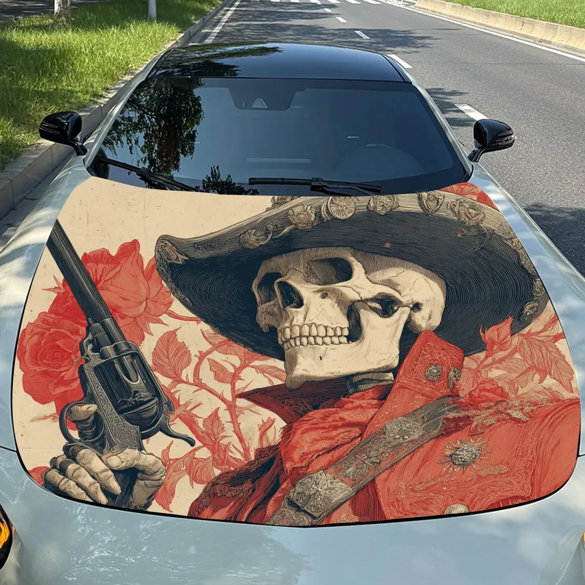 

Gun Wielding Skeleton Car Hood Stickers-Long Lasting PVC Vinyl Coating Suitable For Various Vehicles, Outdoor Car Accessories, W