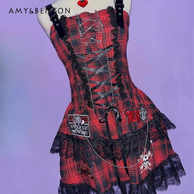 

European American Gothic Plaid Women's Clothing Punk New Chain Strap Embroidered Splicing Lace Hollow Out Sling Dresses Ladies