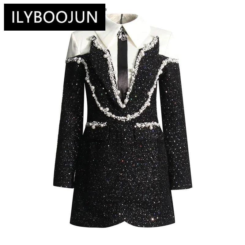 

Colorblock Patchwork Sequins Dress For Women Lapel Long Sleeve High Waist Spliced Pearls Elegant Dresses Female New Brand