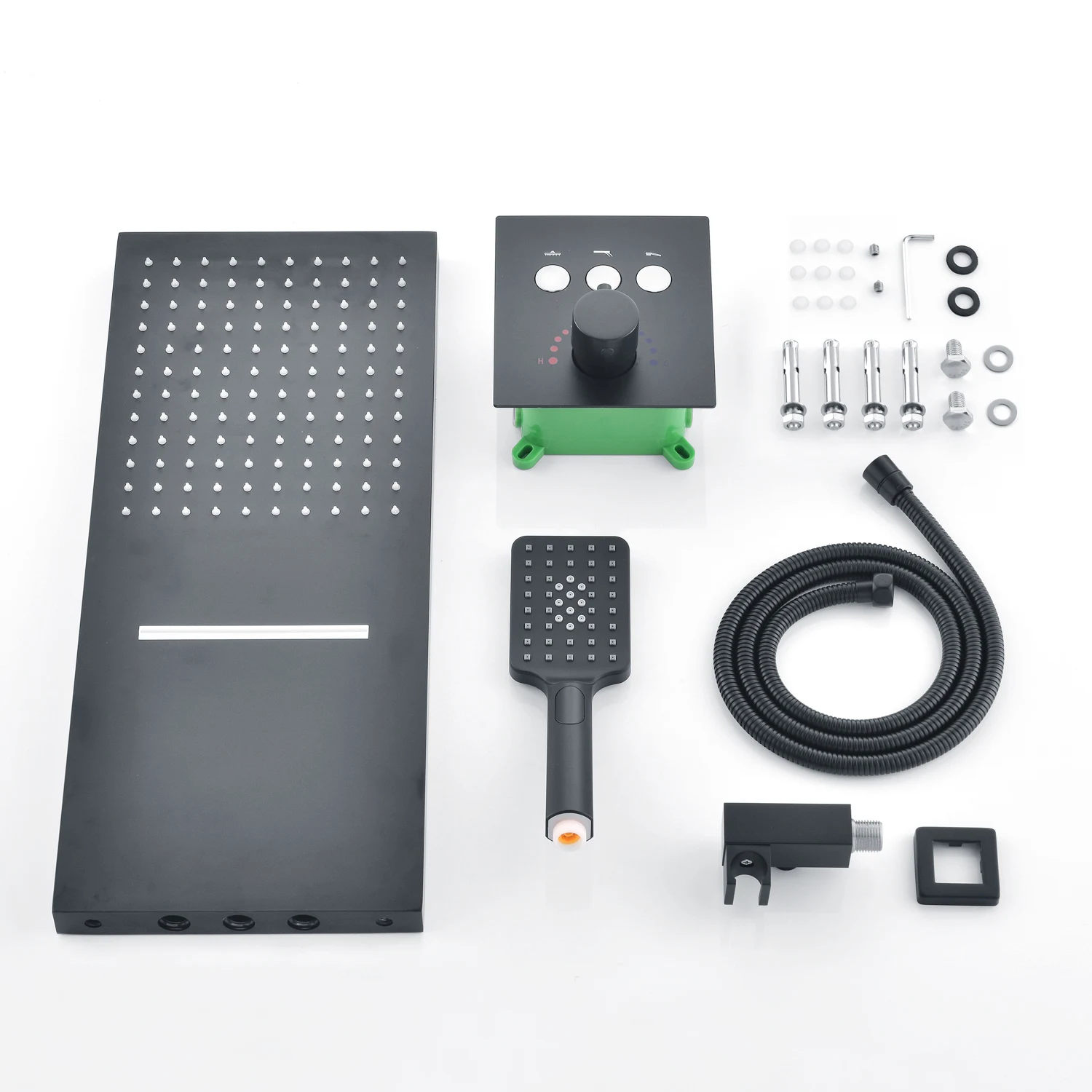 Sistema de Chuveiro Termostático Preto Fosco de 22 Polegadas com 3 Funções, Chuveiro de Cascata e Ducha Manual