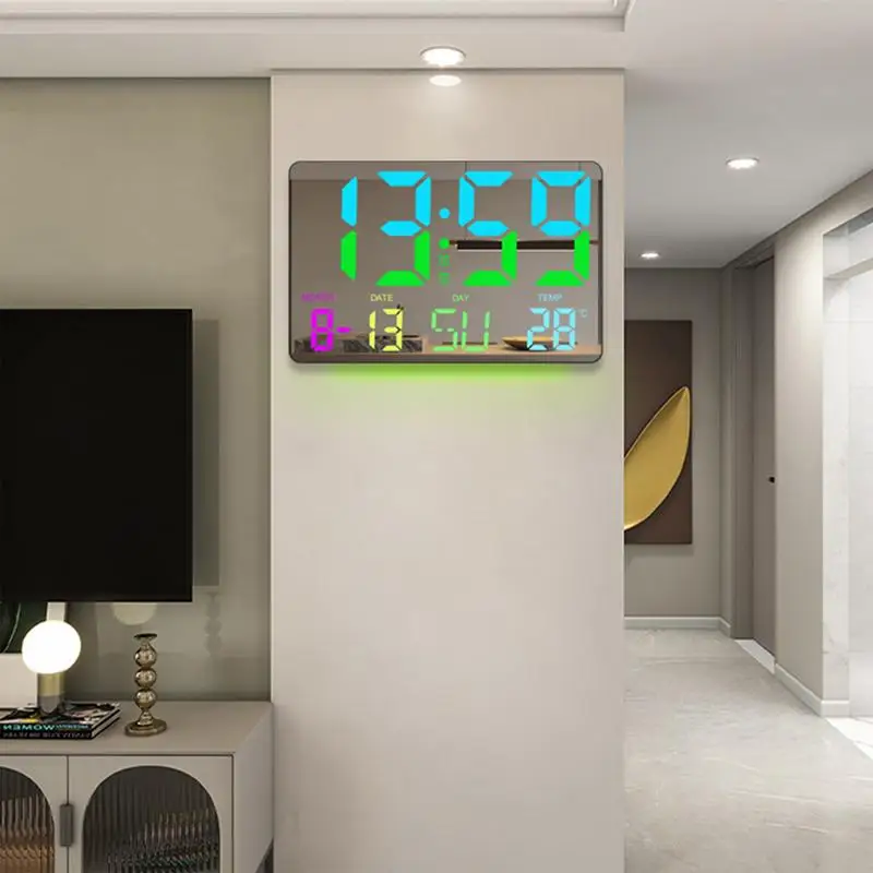 Large Digital Wall Clock Wall Alarm Clock With 11 RGB Light Modes LED Display Alarms Remote Control 12/24H Time Snooze Function