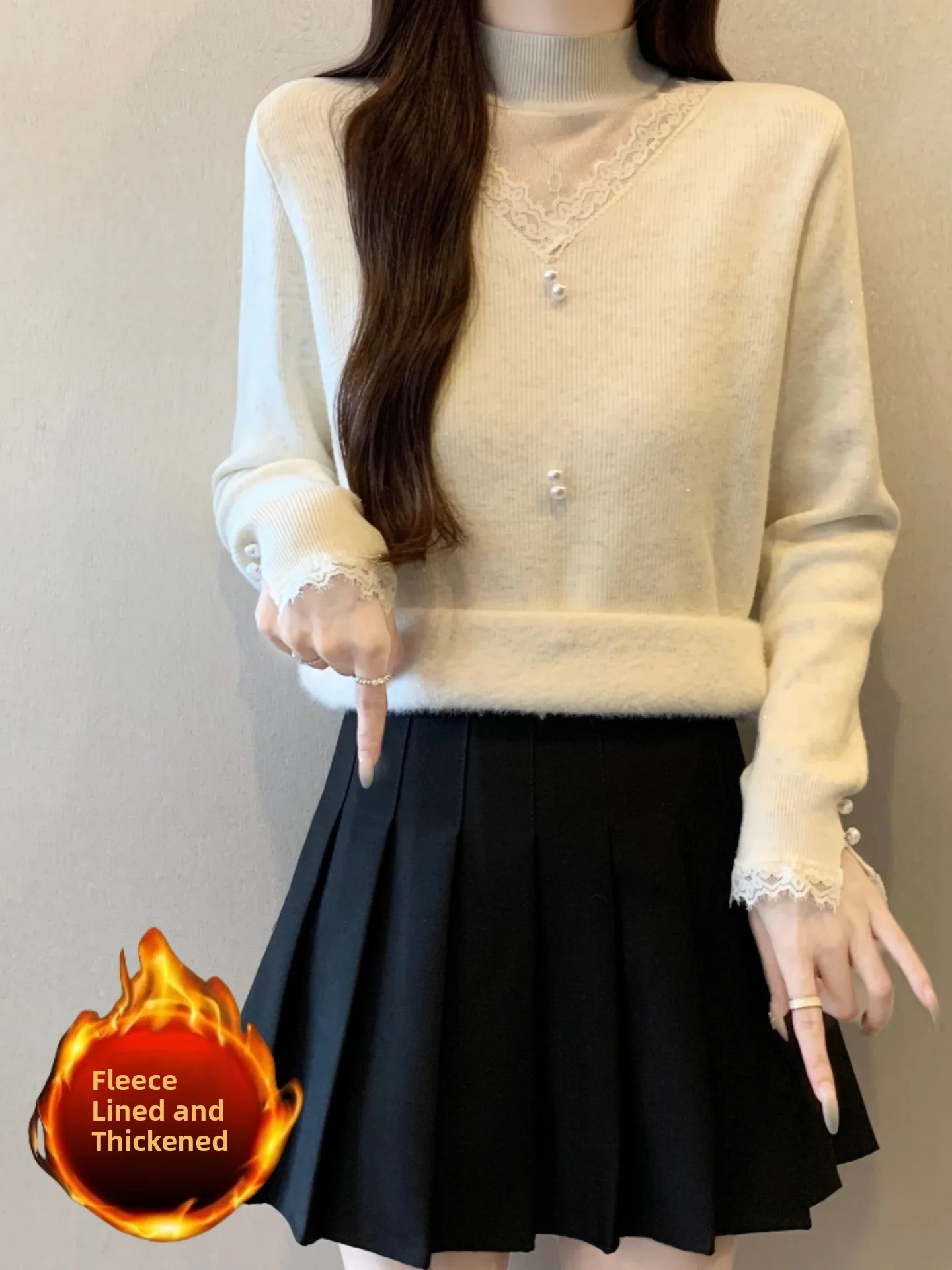 

Lace Splice Half High Collar Knitted Base Shirt Sweater Women Spring Autumn plus Size Warm One-Piece Velvet Top