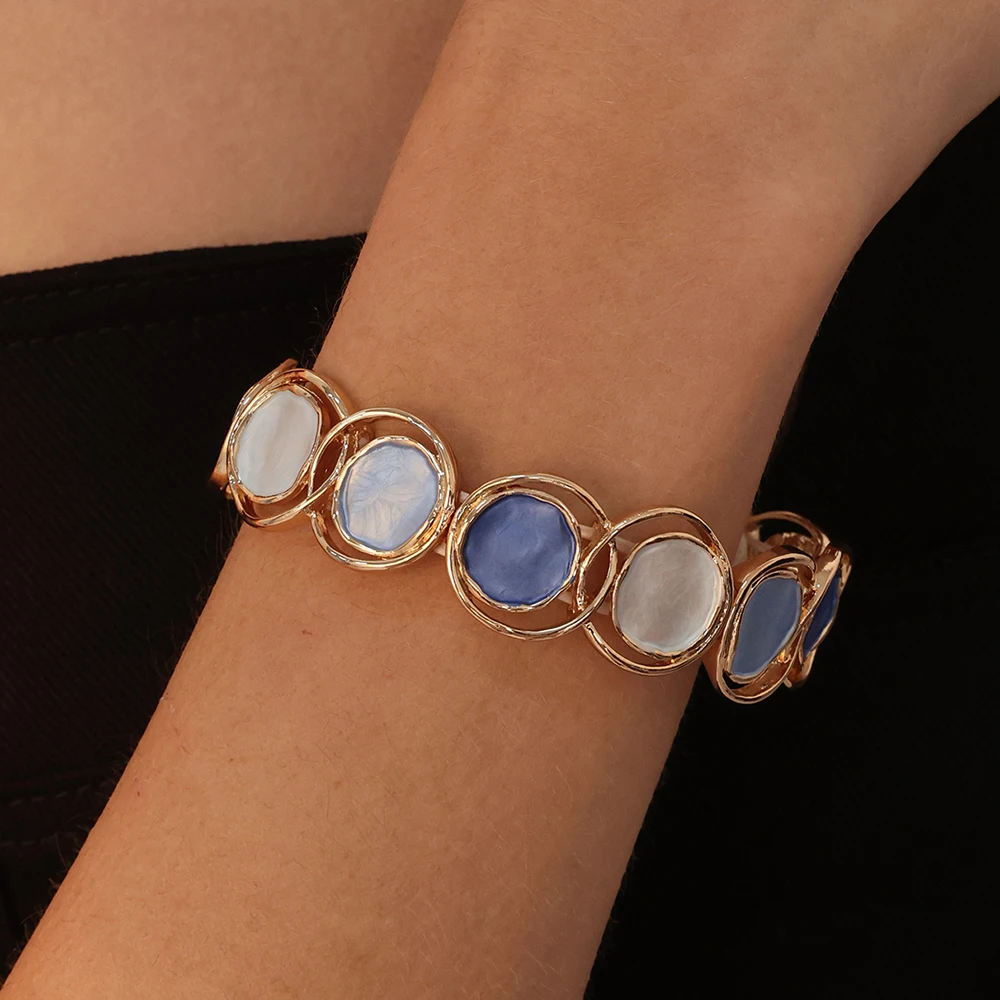 Fashion Blue Geometric Elastic Bracelet Bangle for Women Accessories Trendy Gold Color Bangles Daily Party Prom Jewelry Gifts