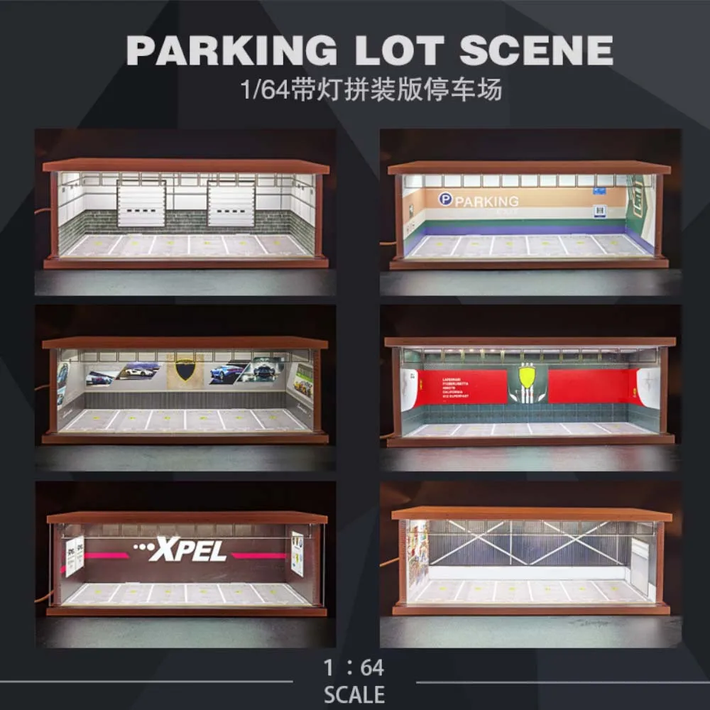 Xufan 1/64 Car Garage Diorama Miniatures Models Building Scene Model with Lights 1:64 Diorama Building Scene Model Parking Lot