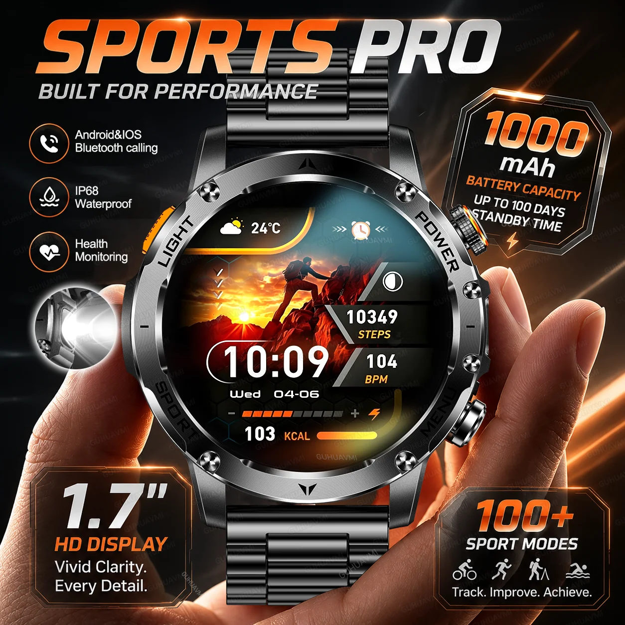 New Outdoor PRO Men Sports Smart Watch Built in 1000mAh Battery LED Flashlight IP68 Waterproof BT Call 1.7"HD Display Smartwatch