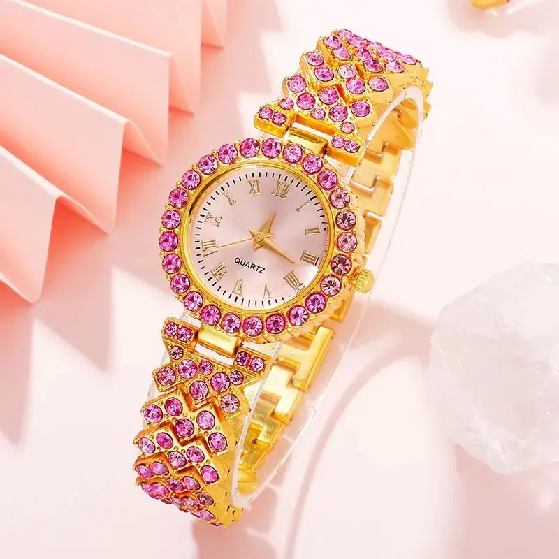 Women Luxury Watches Pink Quartz Wrist Watch Ladies Round Casual Simple Watch Ring Necklace Earring Rhinestone Set Female Clock