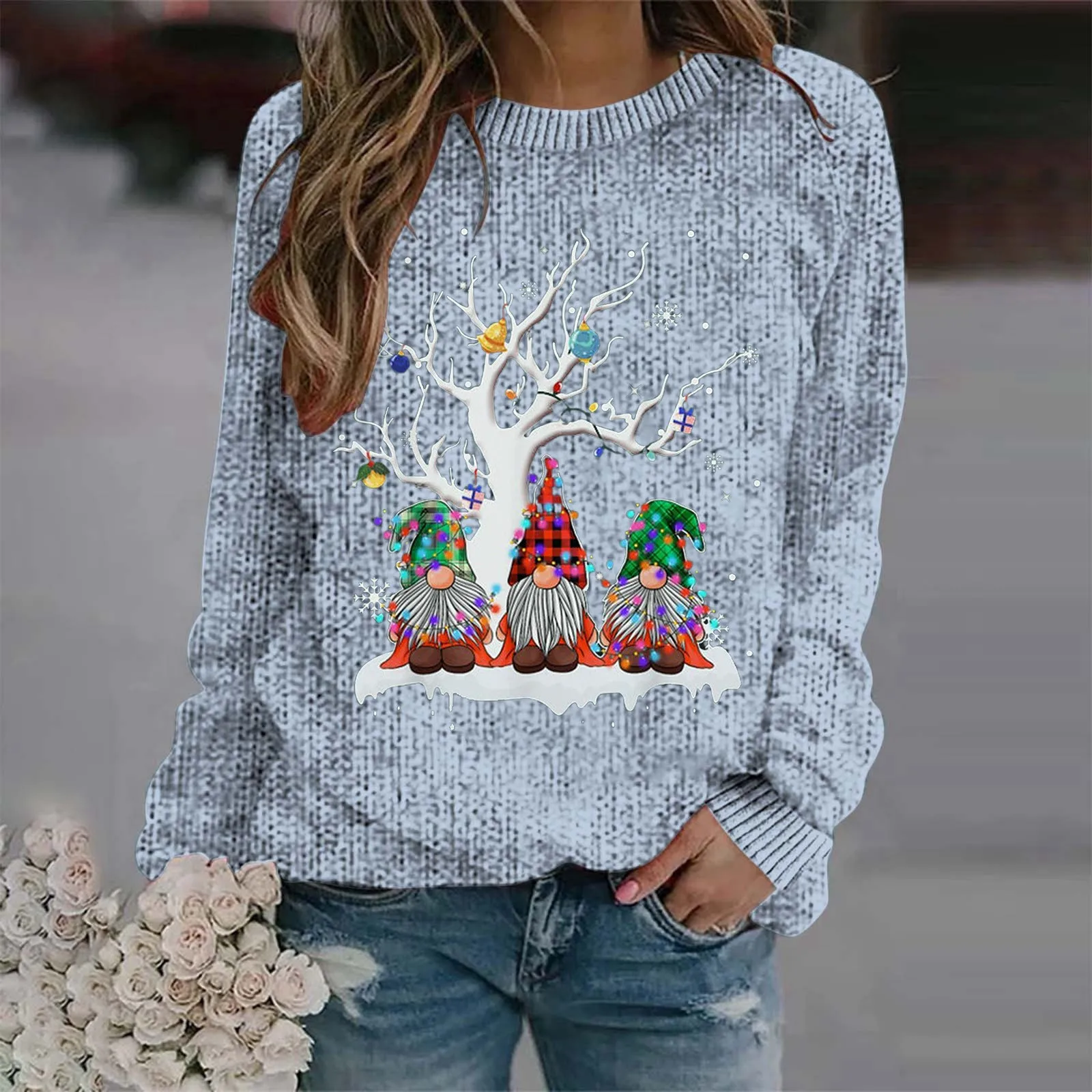 Autumn Winter Christmas Dwarf Printed Knitted Sweater Round Neck Long Sleeved Loose Fit Sweaters for Women Casual Fashion Jumper