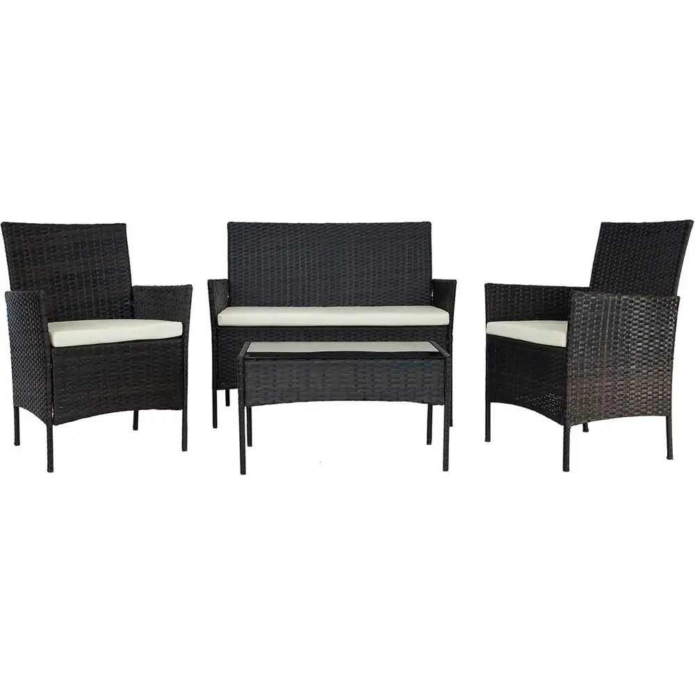 

4-Piece Outdoor Patio Furniture Set with Cushions, Rattan Wicker Chairs, Sofa and Coffee Table, Suitable for Garden, Poolside, B