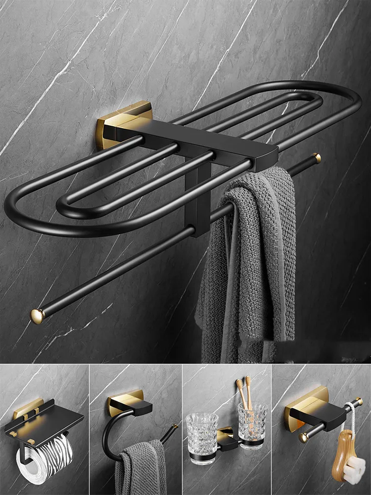 

Bathroom Accessories Brass Black Copper Storage Shelf Tissue Rack Hook Towel Rack/Bar Toilet Brush Holder Bath Hardware Series