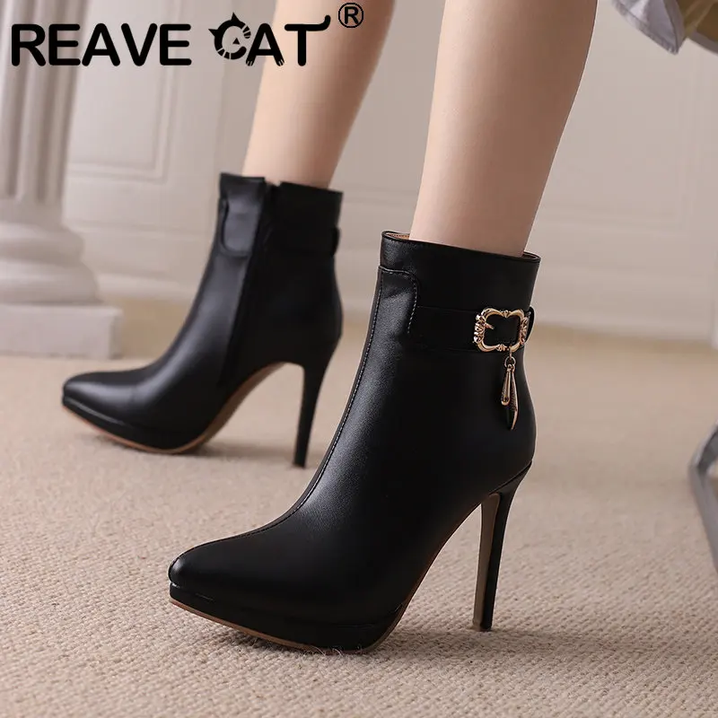 REAVE CAT Sexy Women Ankle Boots Pointed Toe Stiletto 11cm Platform Decoration Big Size 49 50 Fashion Party Booties