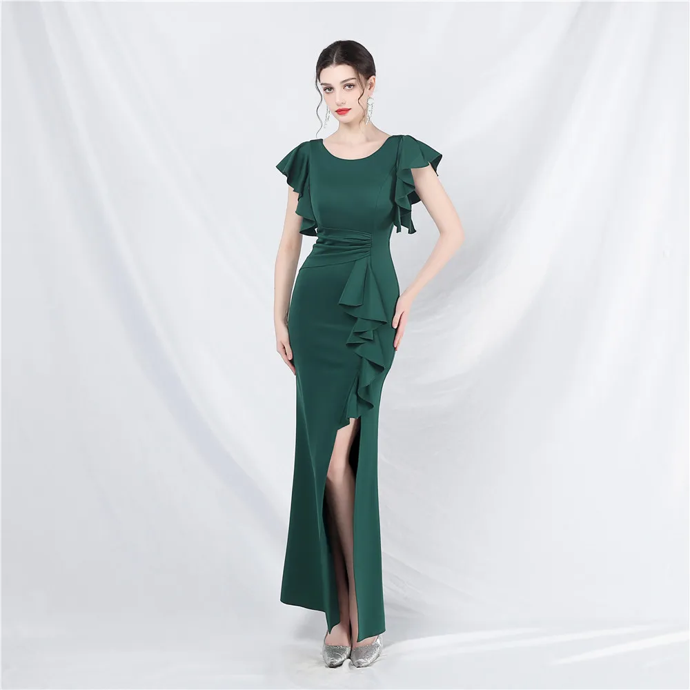 

Sladuo Elegant Ruffles O Neck High Split Maxi Dress Bodycon Sexy Celebrity Evening Party Dresses Outfits