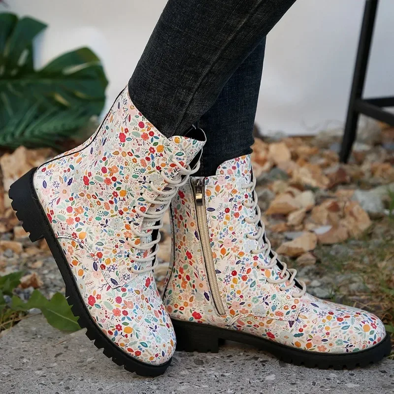 Female Short Boots Autumn New Fashion Ptinted Thick Bottom Ankle Boots Ladies Retro Flower Lace-up Booties Mujer 2024