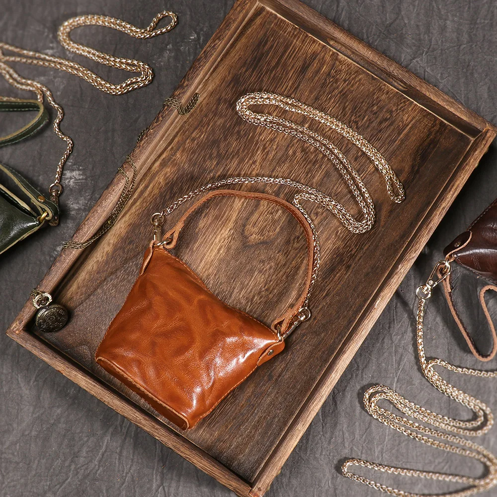 LUOKIR Genuine Leather Women's Chain Crossbody Bag Vintage Handheld Shoulder Bag Headphone Bag Top Layer Cowhide Coin Purse